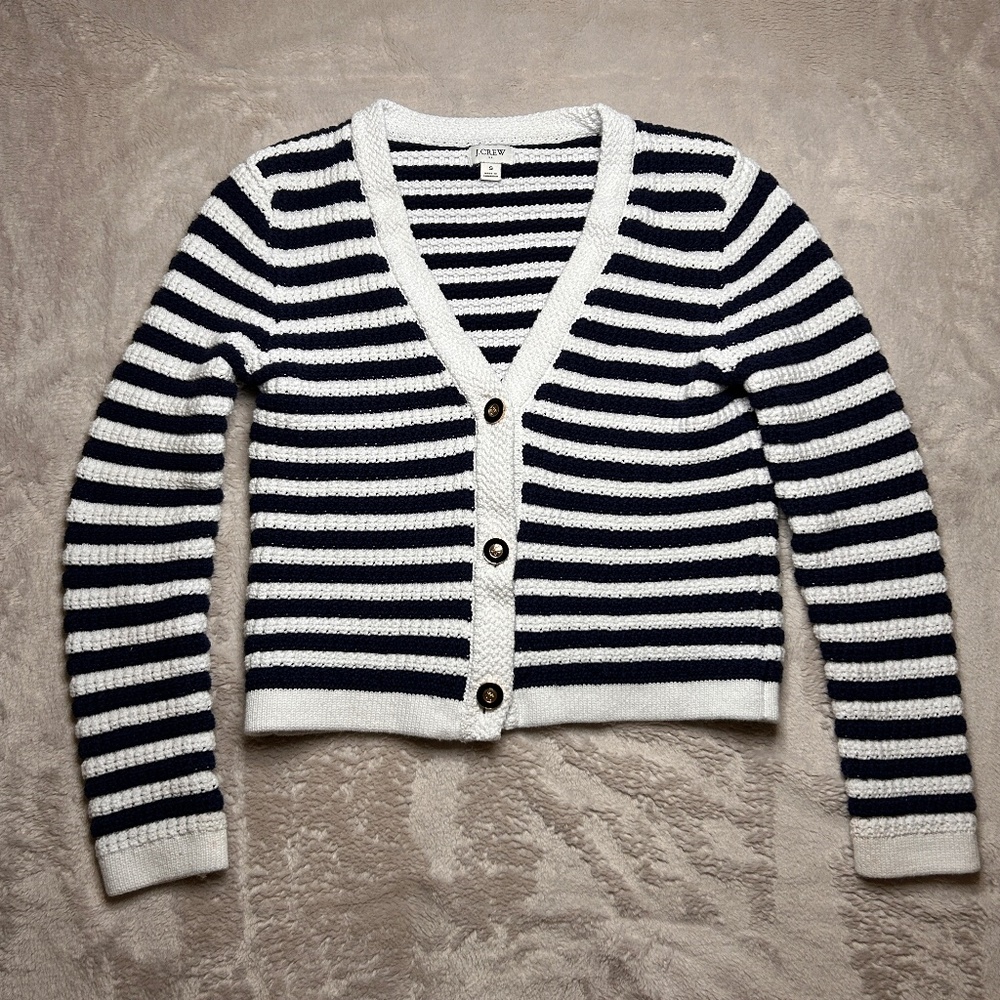 J Crew Knit V-Neck Cardigan Sweater Size XS‎ White Navy Stripe Preppy Coastal